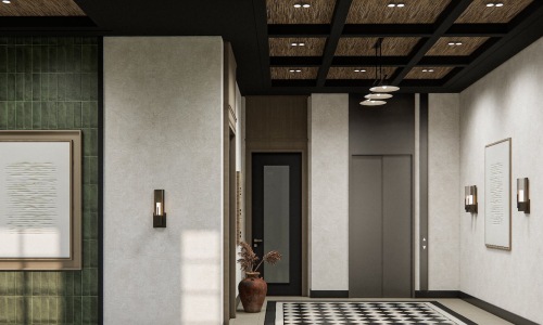 a hallway with white and green walls