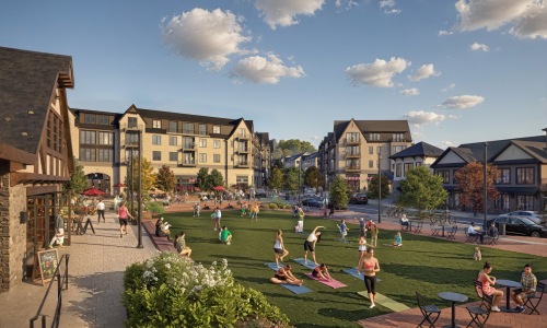 a rendering of people in a courtyard