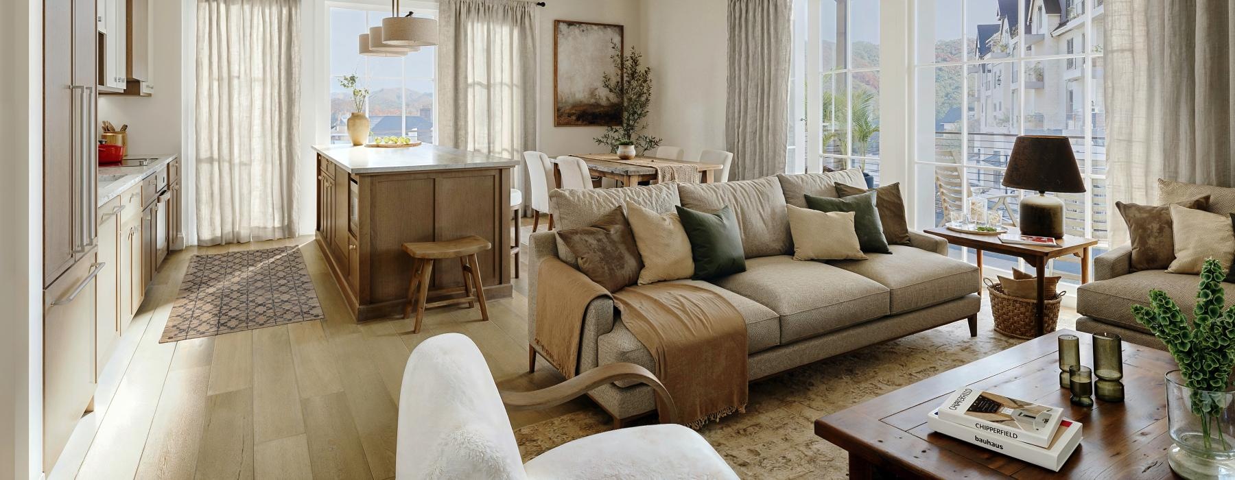 a living room with a couch and a table